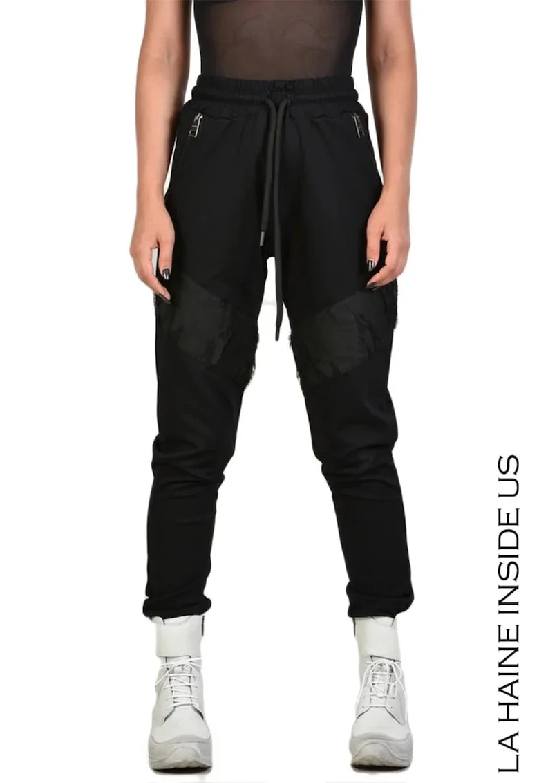 ,Pantaloni de tip jogger cu șnur în talie și fermoare laterale, Negru