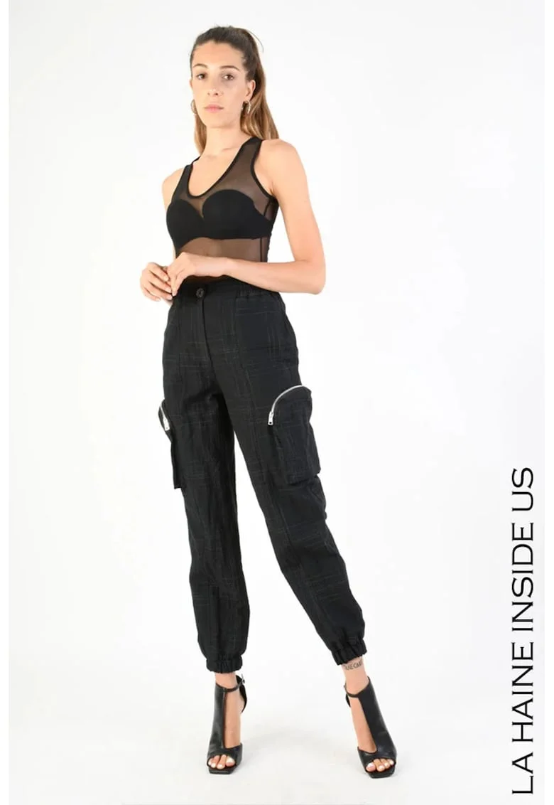 ,Pantaloni cargo cu imprimeu în dungi și elastic la gleznă, Negru