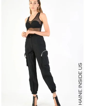 ,Pantaloni cargo cu imprimeu în dungi și elastic la gleznă, Negru