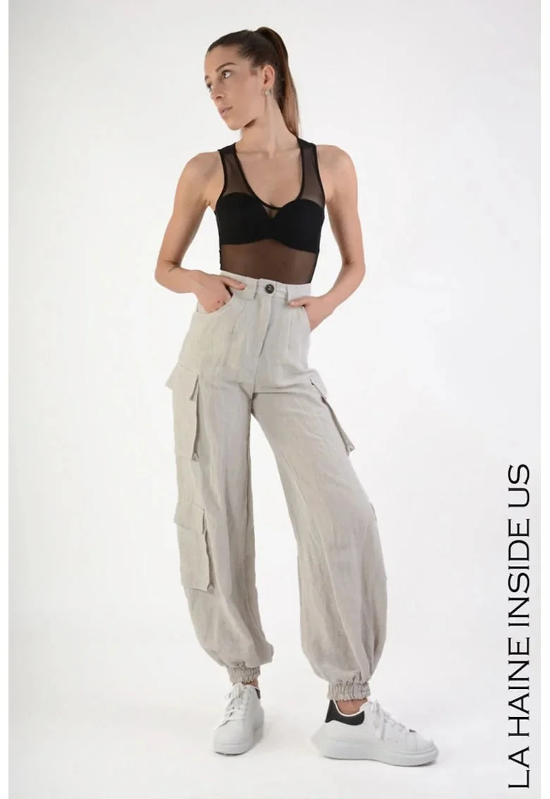 ,Pantaloni cargo supradimensionați cu talie înaltă și elastic la gleznă, Bej