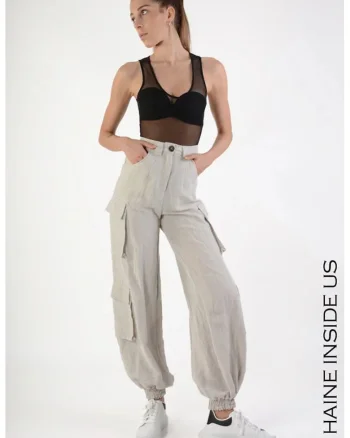 ,Pantaloni cargo supradimensionați cu talie înaltă și elastic la gleznă, Bej