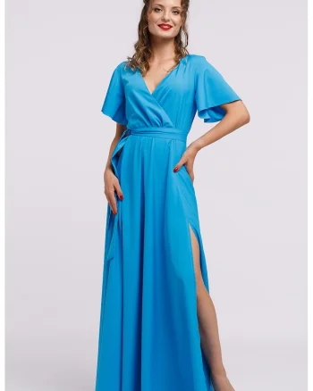 Rochie lunga evazata cu slit lateral la terminatie, Albastru azur