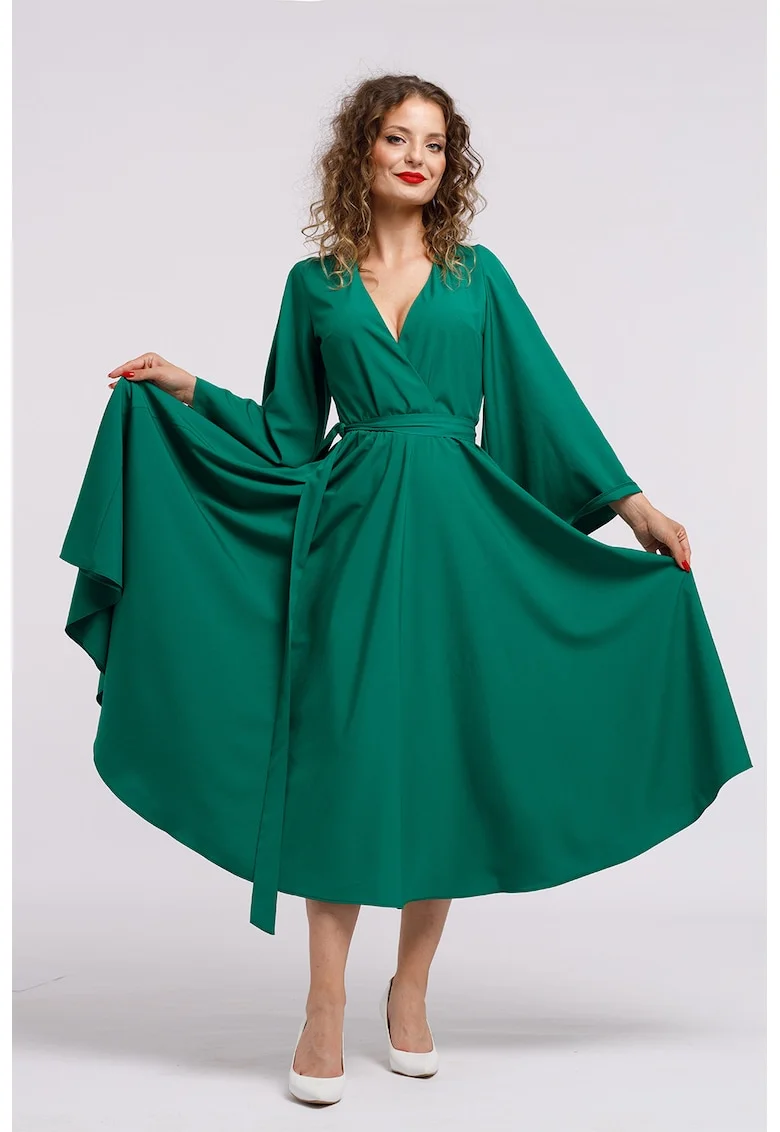 Rochie cu croiala petrecuta si decolteu in V, Verde padure