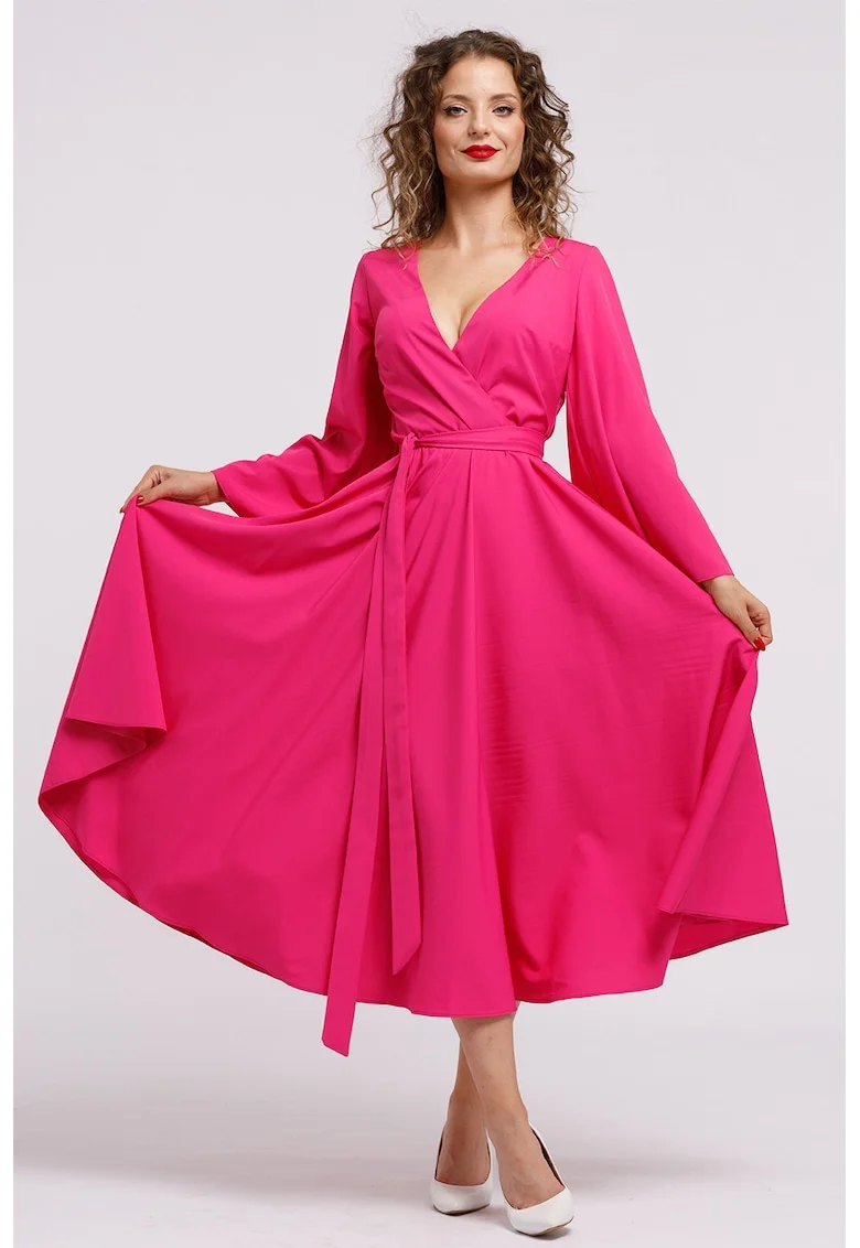 Rochie cu croiala petrecuta si decolteu in V, Fucsia