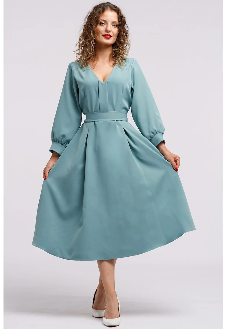 Rochie midi cu croiala in A si buzunare, Albastru petrol