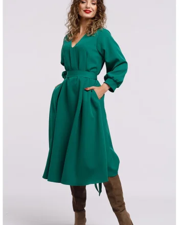Rochie midi cu croiala in A si buzunare, Verde aquamarin