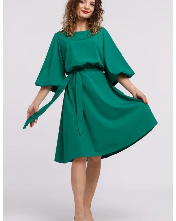 Rochie midi evazata cu cordon, Verde padure