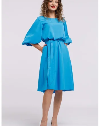 Rochie midi evazata cu cordon, Albastru azur