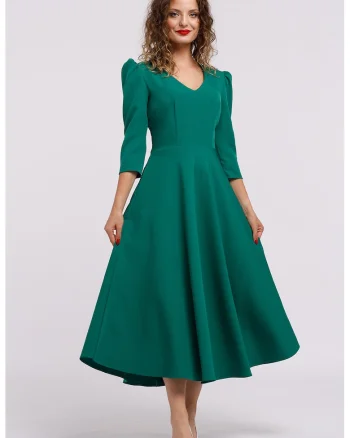 Rochie cu croiala in A si maneci bufante, Verde aquamarin