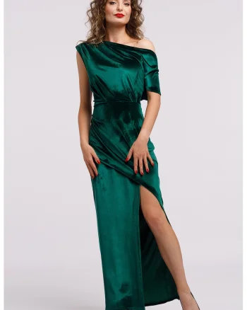 Rochie maxi catifelata cu decolteu pe un umar si slit frontal, Verde englez