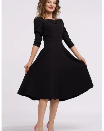 Rochie midi evazata cu fermoar, Negru