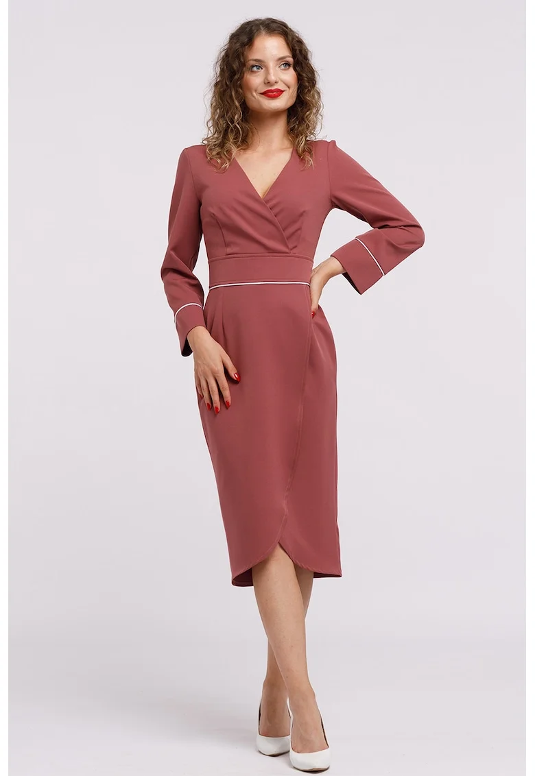 Rochie midi cu croiala creion si decolteu in V, Roz inchis
