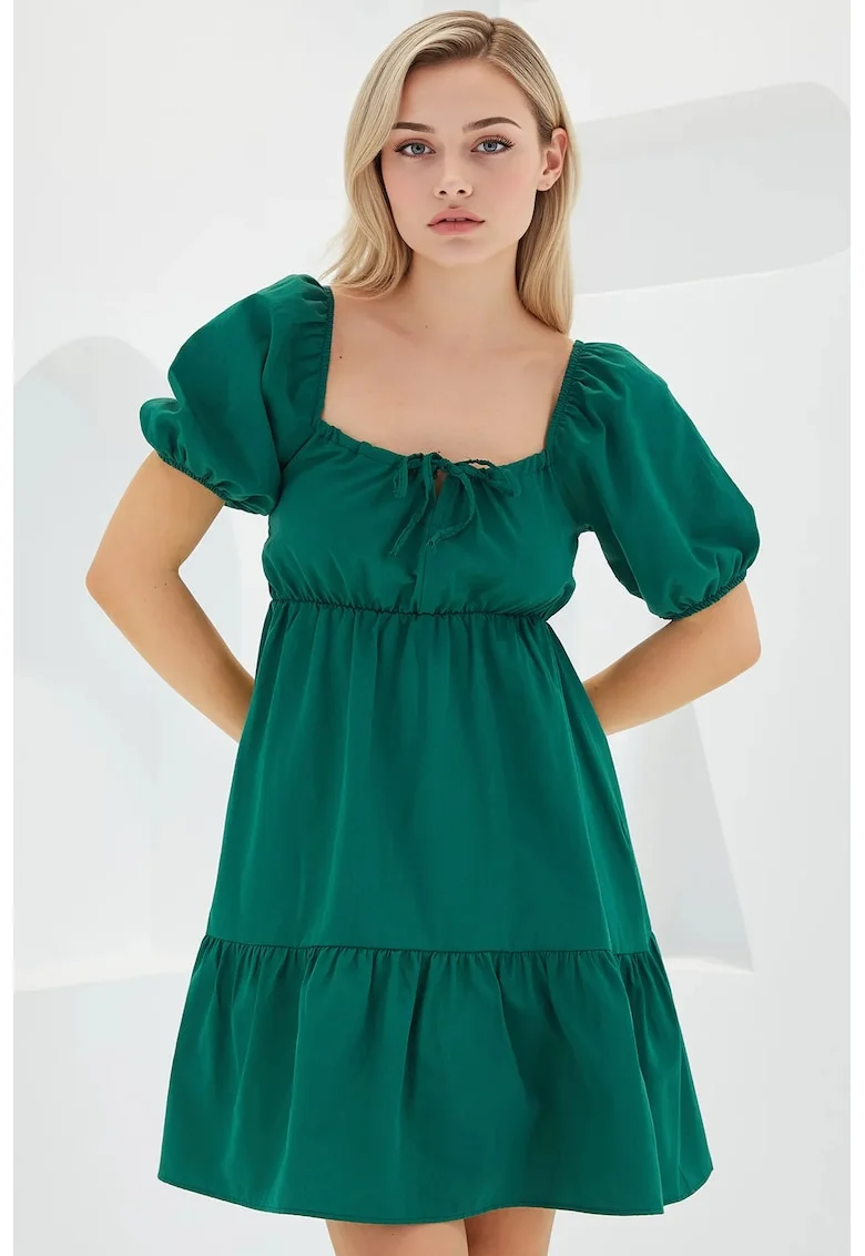 Rochie mini dama HiCCUP, decolteu patrat, forma de A, bumbac/poliester, verde