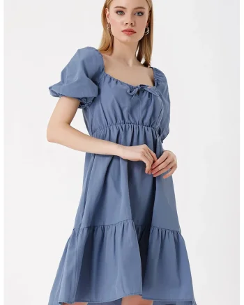 Rochie mini dama, HiCCUP, forma A, decolteu patrat, bumbac/poliester, albastru indigo