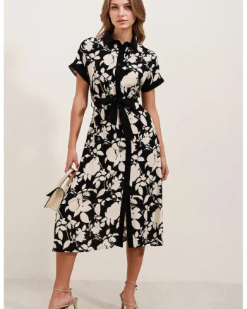 Rochie midi dama  imprimeu floral, viscoza, Negru,