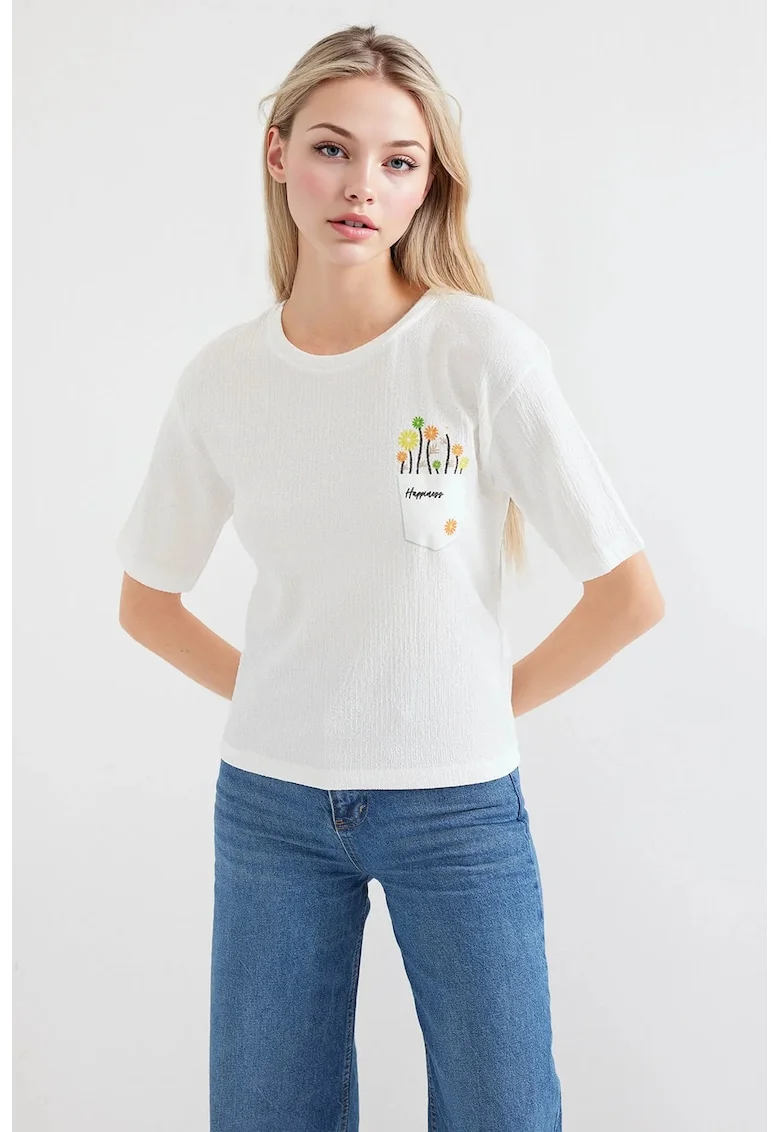 Tricou dama HiCCUP, guler rotund, imprimeu brodat, alb, poliester-lycra