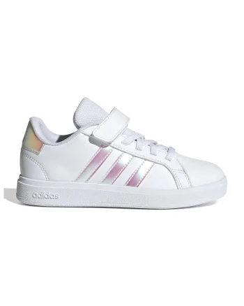Pantofi sport din piele ecologica cu velcro Grand Court, Alb/Roz/Argintiu