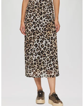 Fusta midi cu animal print, Alb fildes/Maro