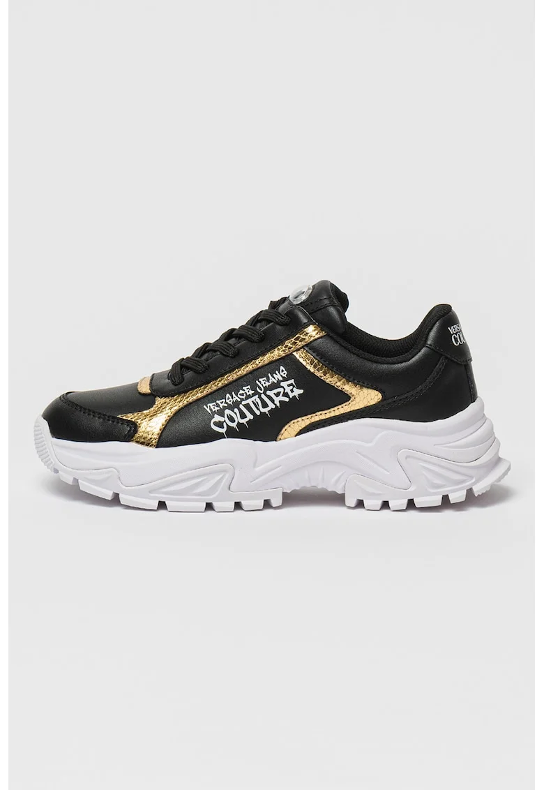 Pantofi sport de piele cu imprimeu logo, Auriu/Negru/Alb optic