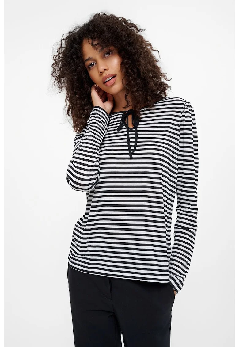 Bluza cu decolteu la baza gatului si model, Alb/Albastru ultramarin