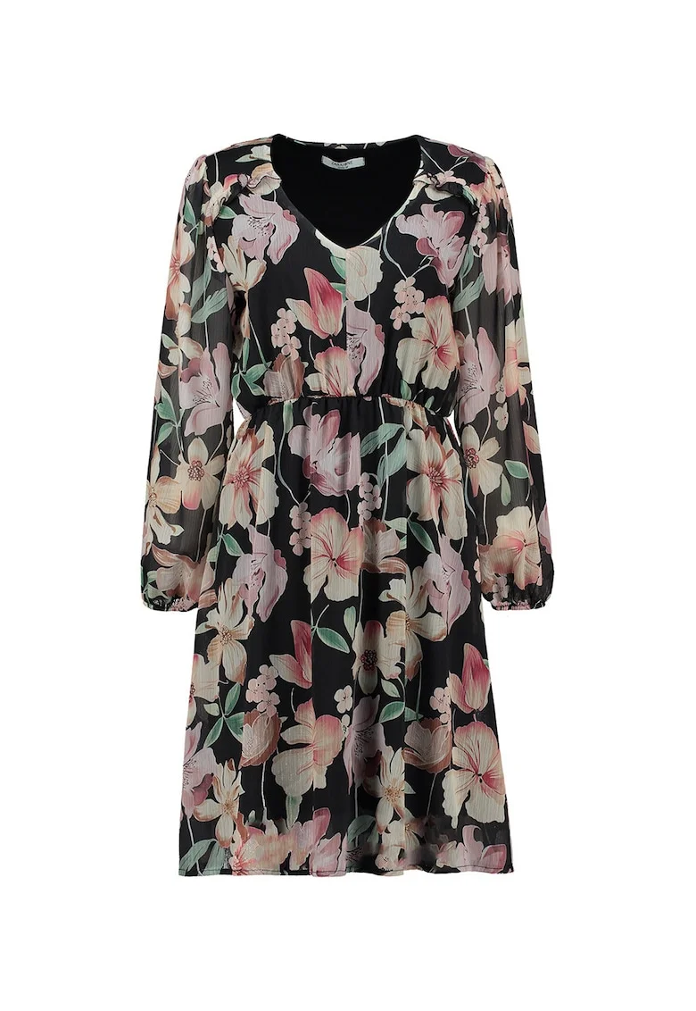 Rochie midi cu decolteu rotund si model floral, Negru/Roz/Verde menta
