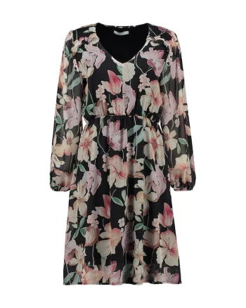 Rochie midi cu decolteu rotund si model floral, Negru/Roz/Verde menta