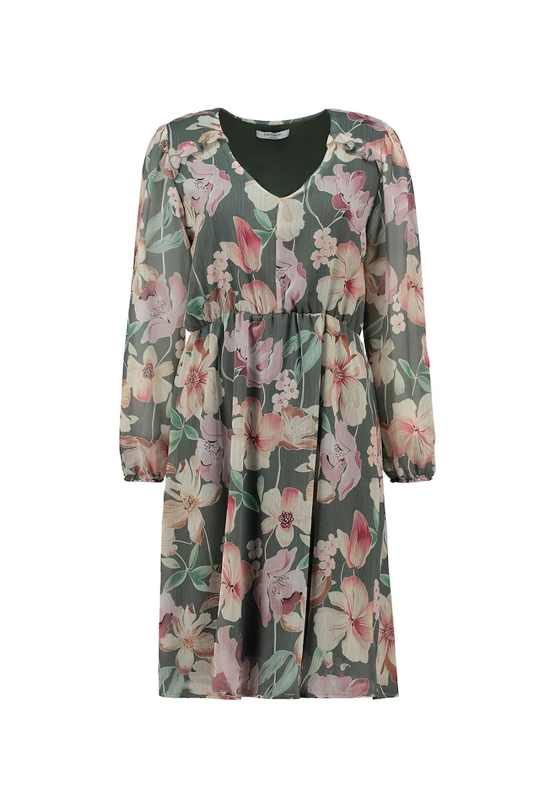 Rochie midi cu decolteu rotund si model floral, Roz pastel/Piersica/Verde feriga