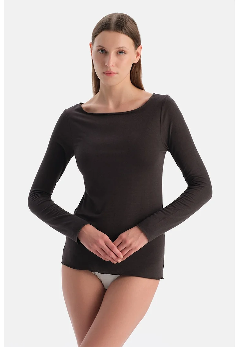 Bluza de casa din amestec de modal si casmir cu decolteu barcuta, Maro inchis