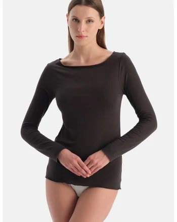 Bluza de casa din amestec de modal si casmir cu decolteu barcuta, Maro inchis