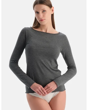 Bluza de casa din amestec de modal si casmir cu decolteu barcuta, Gri inchis melange