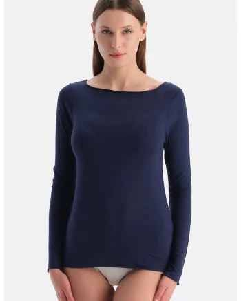 Bluza de casa din amestec de modal si casmir cu decolteu barcuta, Bleumarin