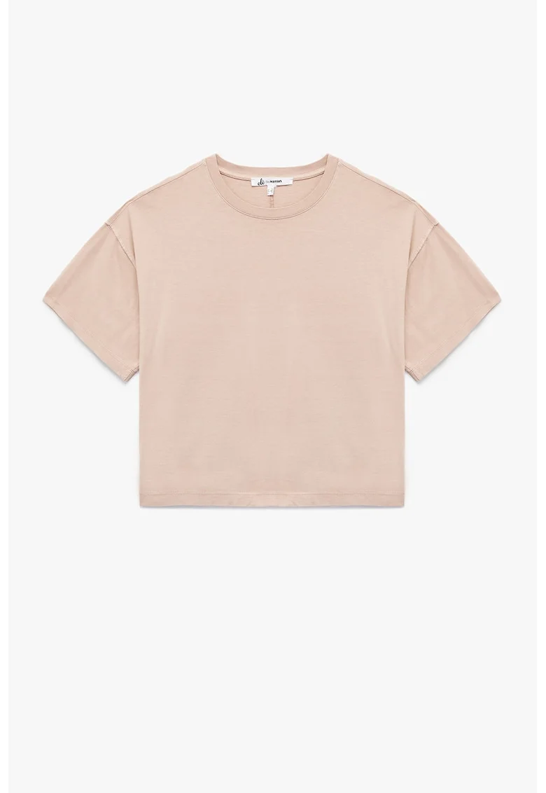 Tricou uni din bumbac cu decolteu la baza gatului, Piersica