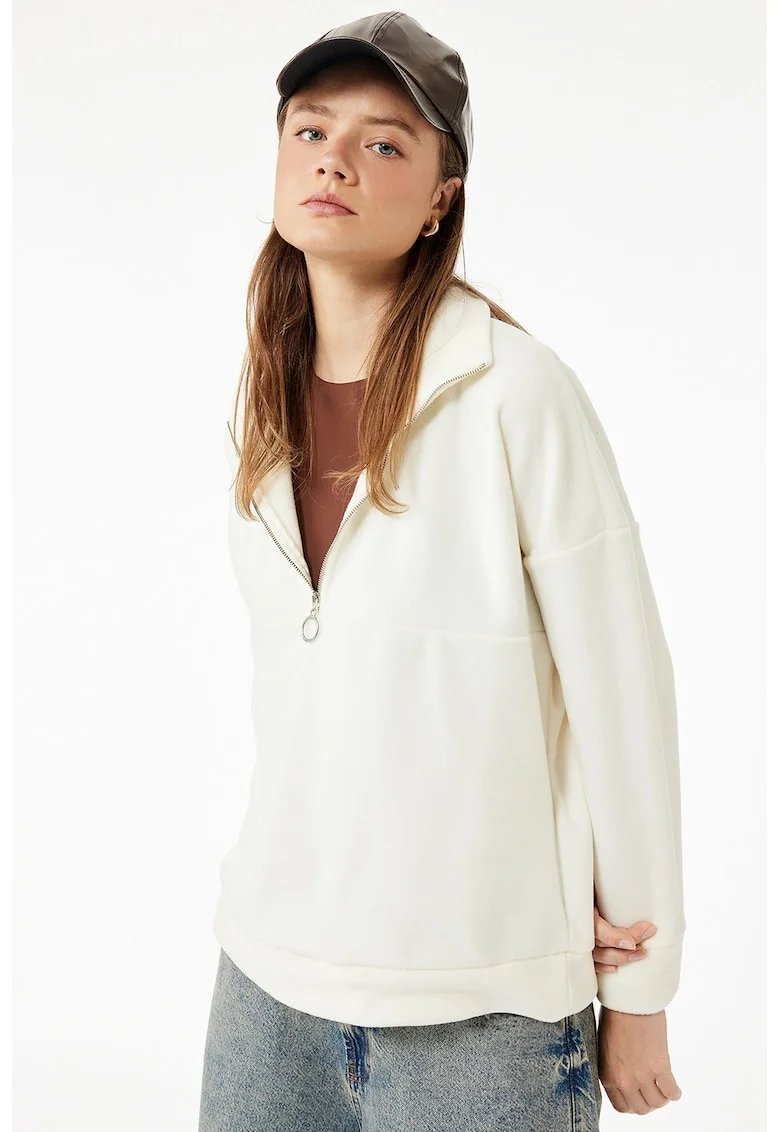 Bluza de trening cu fermoar si maneci cazute, Alb fildes