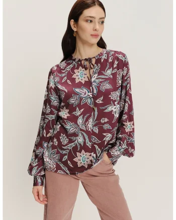Bluza cu imprimeu floral, Alb/Visiniu/Albastru