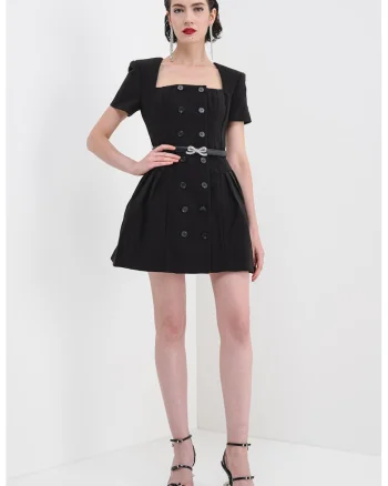 Rochie midi evazata cu decolteu patrat, Negru