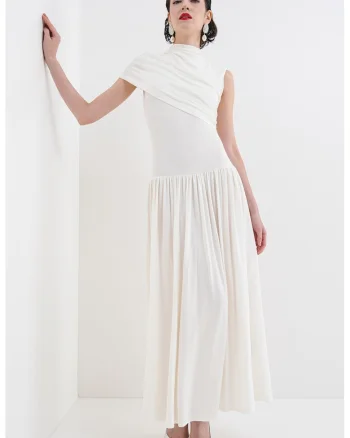 Rochie midi cu decolteu asimetric, Alb murdar