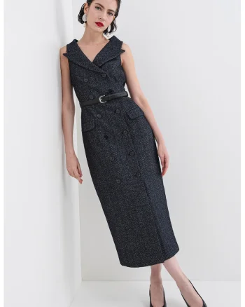 Rochie midi din amestec de lana cu nasturi si curea in talie, Albastru ultramarin/Alb murdar/Gri antracit