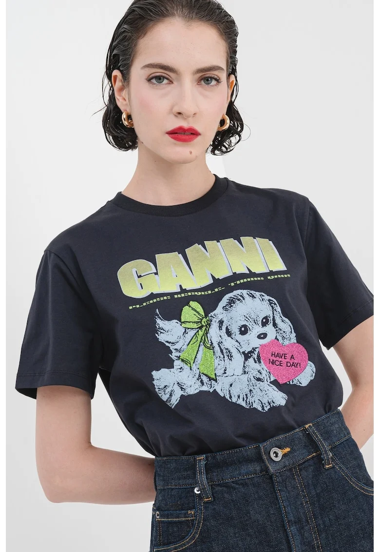 Tricou de bumbac cu imprimeu grafic, Fucsia/Verde lime/Gri antracit