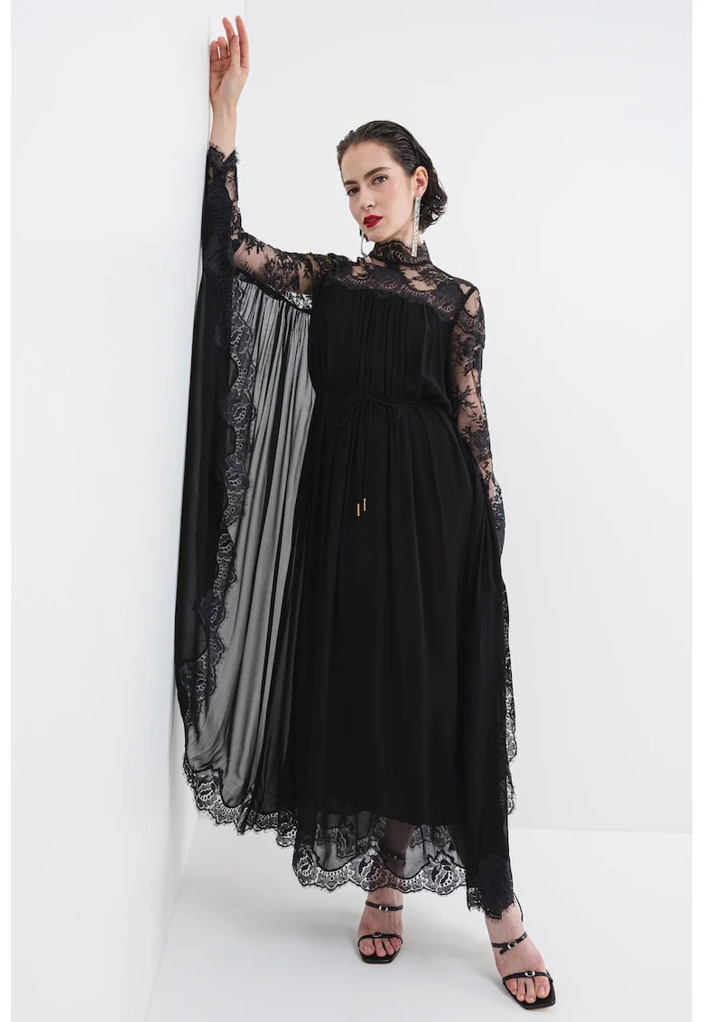 Rochie cu garnituri de dantela si maneci liliac, Negru/Transparent