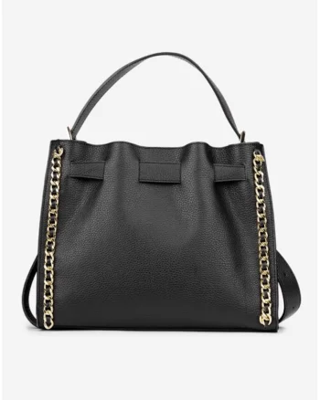 Geanta dama din piele texturata cu ornament lant, Negru