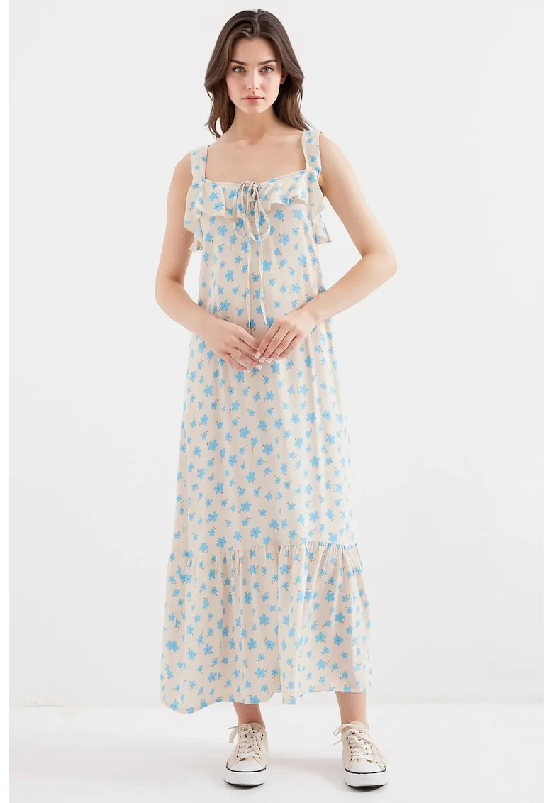 Rochie maxi HiCCUP, guler patrat, detalii cu volane, albastru, viscoza