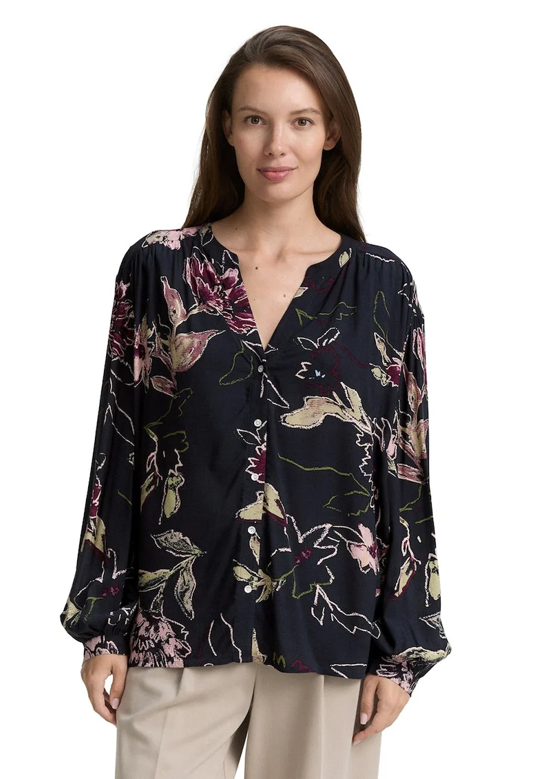 Camasa cu maneci lejere si model floral, Bej/Roz/Bleumarin