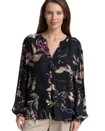 Camasa cu maneci lejere si model floral, Bej/Roz/Bleumarin