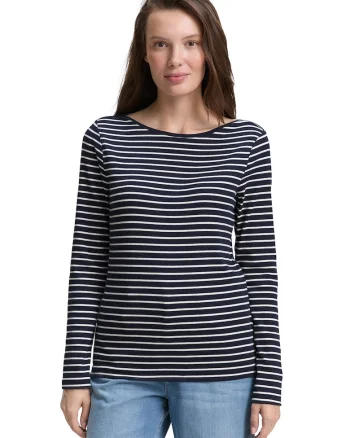 Bluza din amestec de bumbac organic cu dungi, Alb/Bleumarin