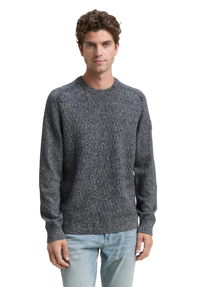Pulover cu maneci raglan si decolteu la baza gatului, Gri inchis melange/Bleumarin