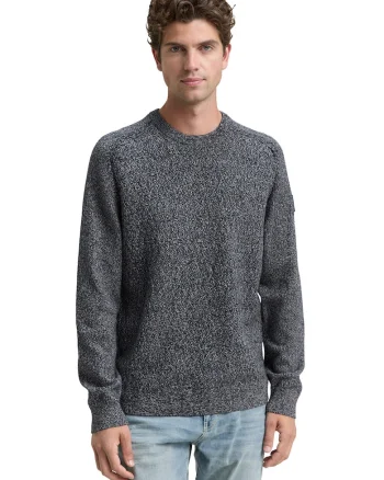Pulover cu maneci raglan si decolteu la baza gatului, Gri inchis melange/Bleumarin