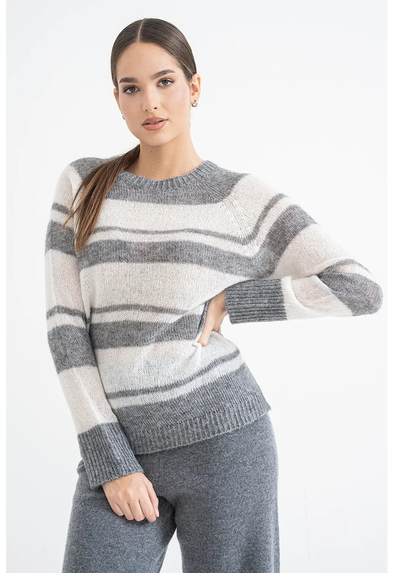 Pulover din amestec de lana alpaca cu maneci raglan, Alb/Gri inchis