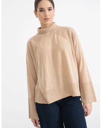 Pulover lejer de lana cu guler inalt, Maro nisip