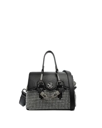 SECRET PON PON, Geanta din piele ecologica cu bareta de umar si aplicatie cu strasuri, Negru