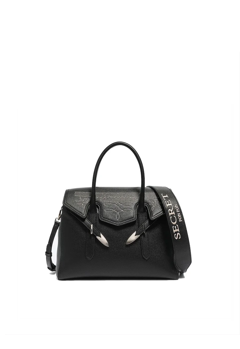 SECRET PON PON., Geanta din piele ecologica cu maner si broderie Emberyn, Negru